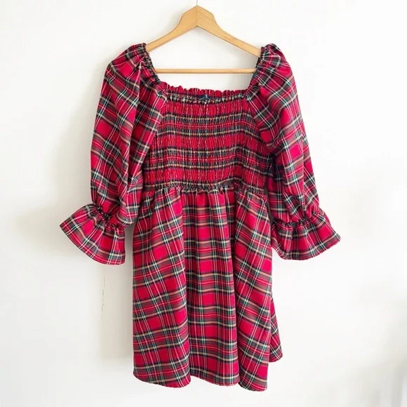 SIMPLY SOUTHERN TARTAN red PLAID smocked nap dress size large - Picture 4 of 8